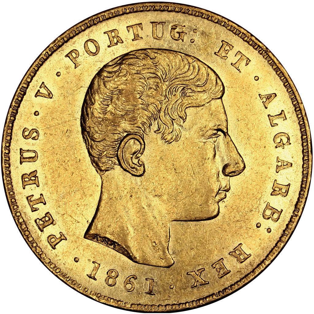 PORTUGAL, 5000 Reis, 1861, KM #505, AU(55-58), Gold, 8.85