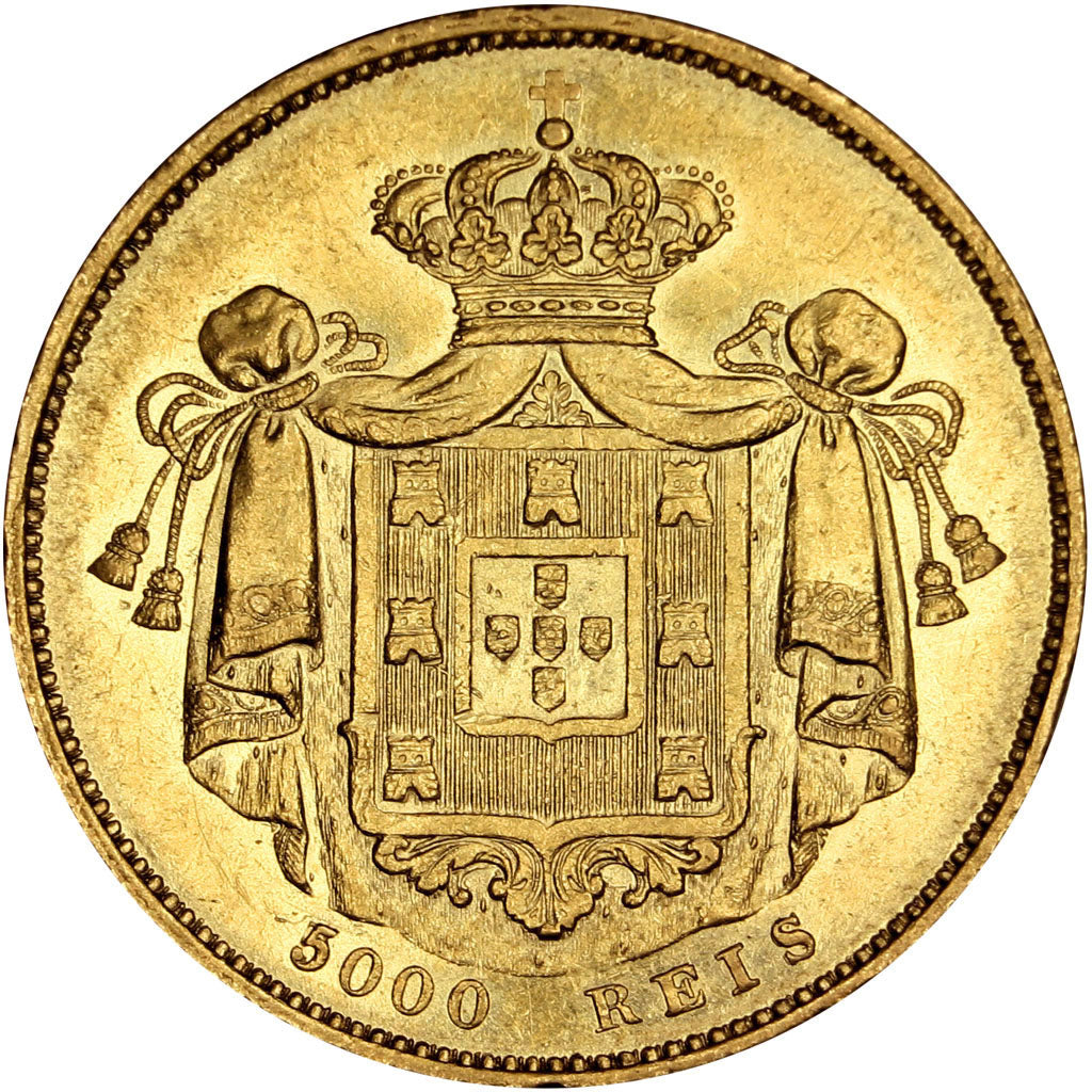 PORTUGAL, 5000 Reis, 1861, KM #505, AU(55-58), Gold, 8.85
