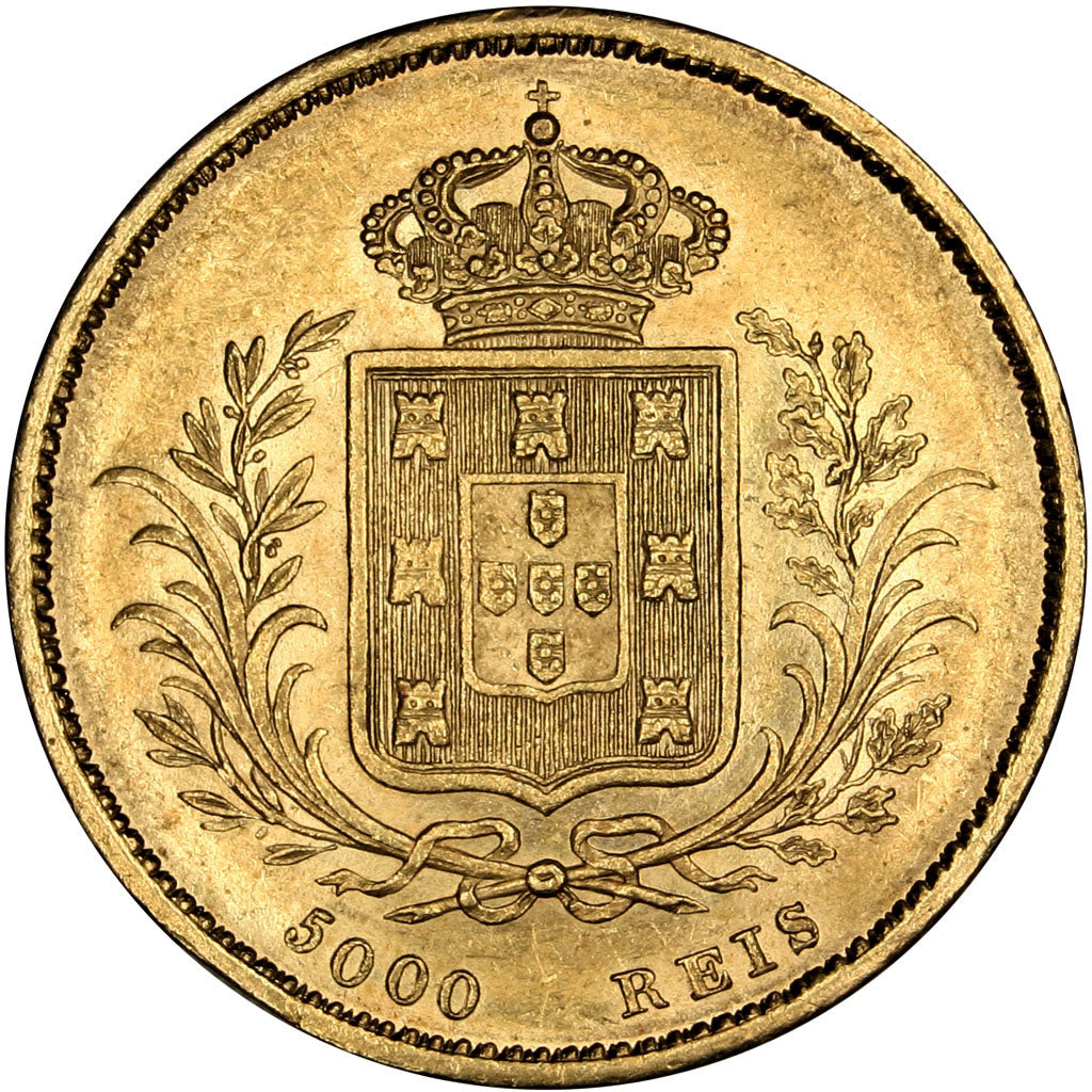 PORTUGAL, 5000 Reis, 1862, KM #508, AU(55-58), Gold, 8.91