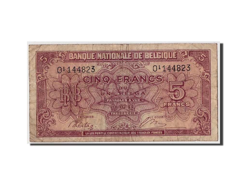 Banknote, Belgium, 5 Francs-1 Belga, 1943, 1943-02-01, KM:121, VF(20-25)