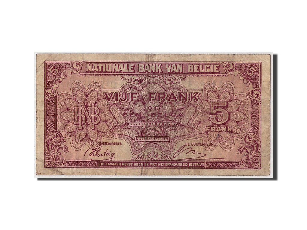 Banknote, Belgium, 5 Francs-1 Belga, 1943, 1943-02-01, KM:121, VF(20-25)