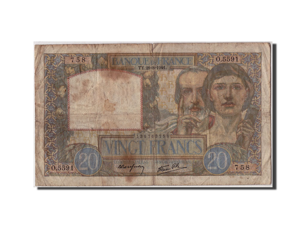 France, 20 Francs, 20 F 1939-1942 ''Science et Travail'', 1941, KM:92b