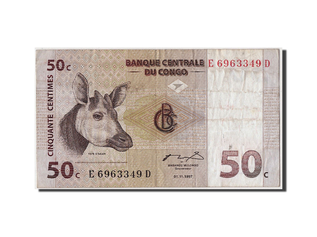 Congo Democratic Republic, 50 Centimes, 1997, KM:84a, 1997-11-01, VF(30-35)