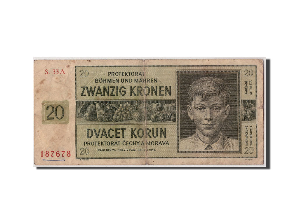 Bohemia and Moravia, 20 Korun, 1944, KM:9a, 1944-01-24, VF(20-25)