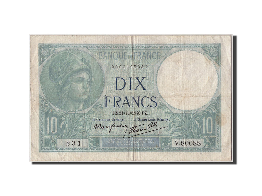 Billete, Francia, 10 Francs, 10 F 1916-1942 ''Minerve'', 1940, 1940-11-21, BC+