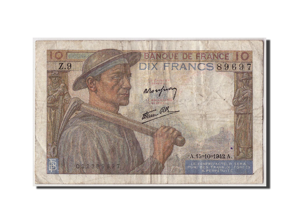Banknote, France, 10 Francs, 10 F 1941-1949 ''Mineur'', 1942, 1942-10-15