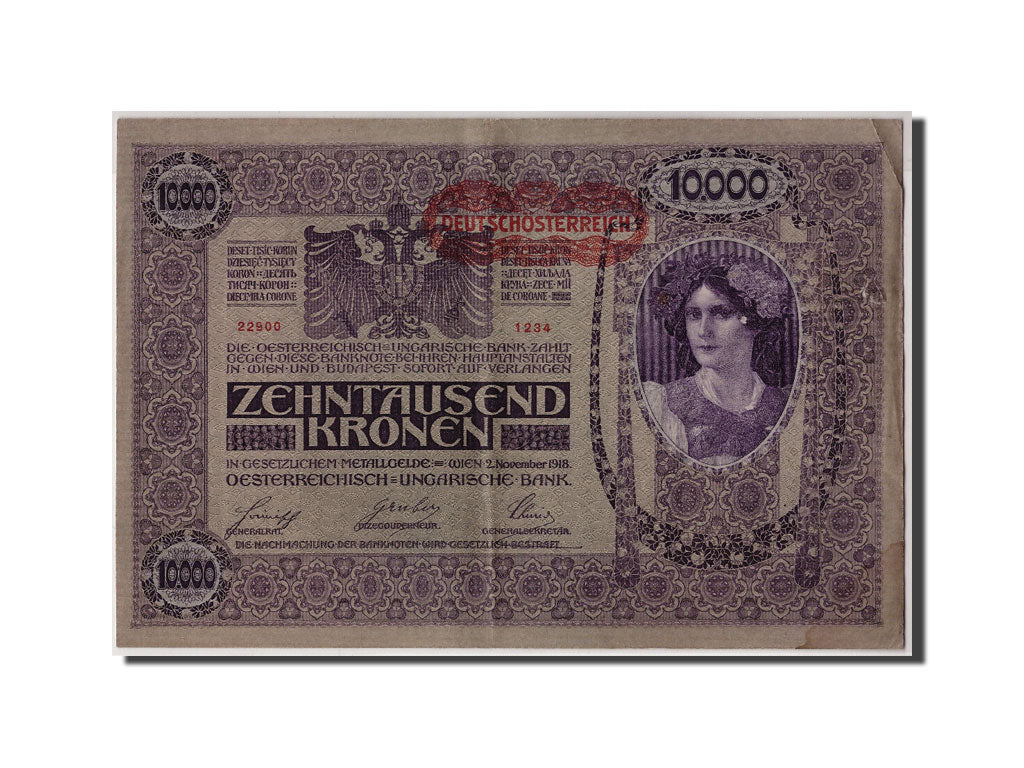 Austria, 10,000 Kronen, Undated (1919), 1918-11-02, KM:65, VF(20-25)