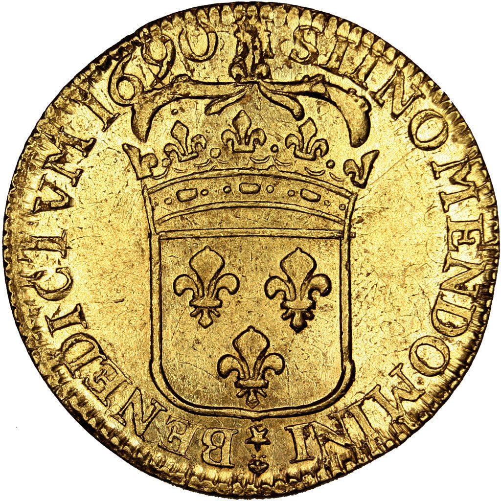 FRANCE, Louis d'or à l'écu, Louis D'or, 1690, Metz, KM #278.21, AU(55-58), Gold,