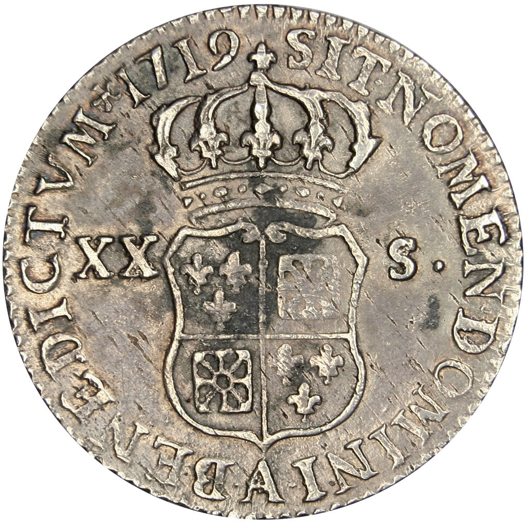FRANCE, 1/6 Écu (XX – S) de France-Navarre, 20 Sols, 1/6 ECU, 1719, Paris, KM...