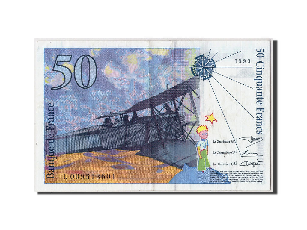 France, 50 Francs 1992-1999 ''St Exupéry'', 1993, KM:157b, Undated, EF(40-45)