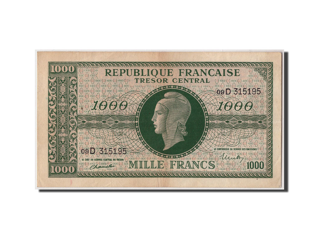 Francia, 1000 Francs, 1943-1945 Marianne, undated (1945), KM:107, Undated, SP...