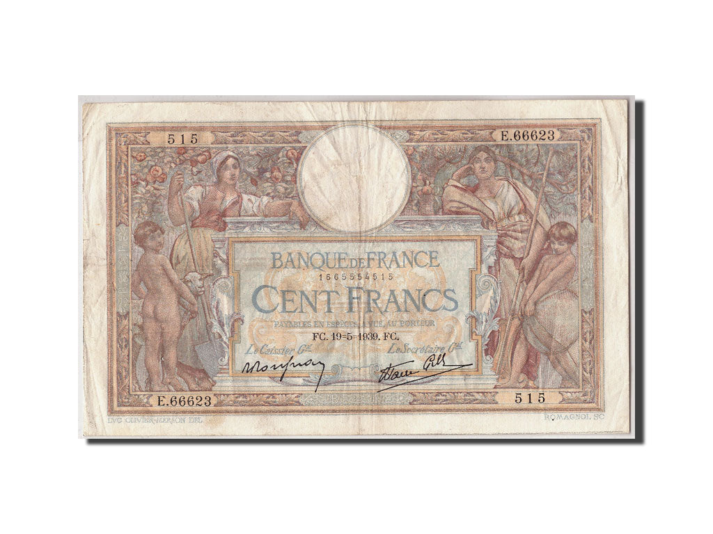 Biljet, Frankrijk, 100 Francs, 100 F 1908-1939 ''Luc Olivier Merson'', 1939