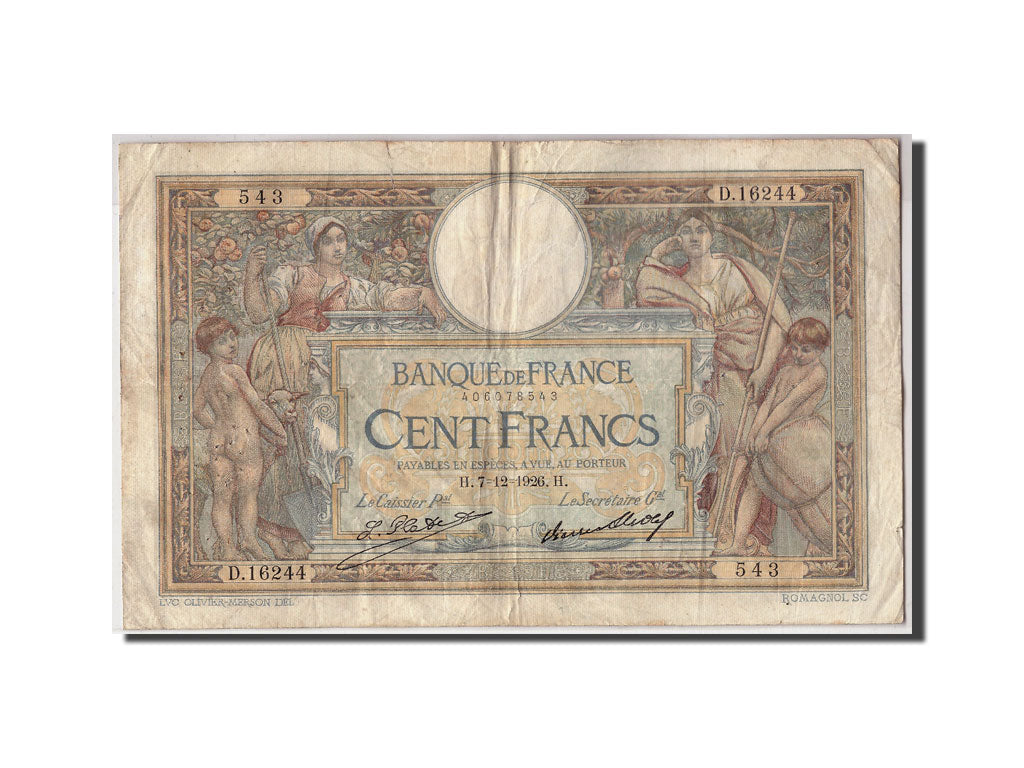 France, 100 Francs 1908-1939 Luc Olivier Merson, 1926-12-07, KM:78b,VF(20-25)