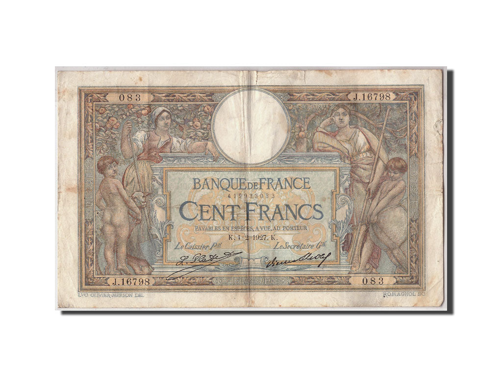 Banknote, France, 100 Francs, 100 F 1908-1939 ''Luc Olivier Merson'', 1927