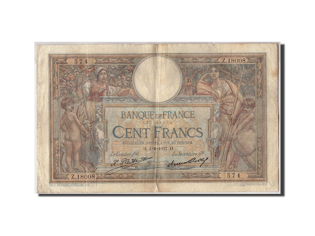 Billete, Francia, 100 Francs, 100 F 1908-1939 ''Luc Olivier Merson'', 1927