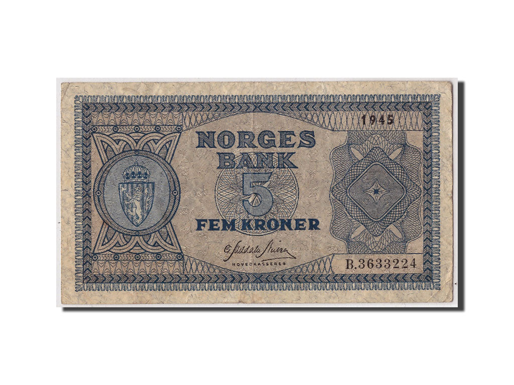 Norvegia, 5 Kroner, 1945, KM:25a, Undated, MB+