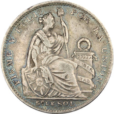 PERU, 1/5 Sol, 1900, Lima, KM #205.2, AU(50-53), Silver, 23.5, 4.94