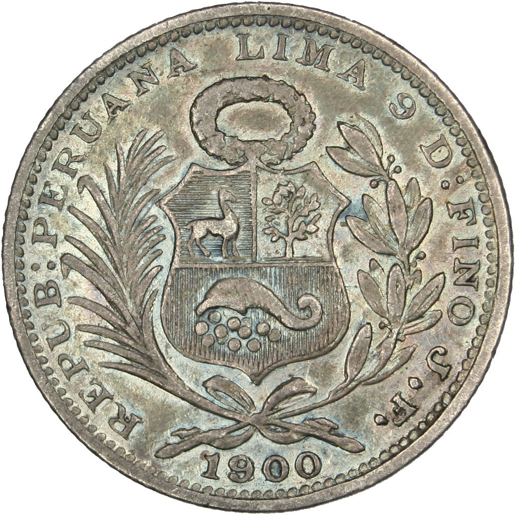 PERU, 1/5 Sol, 1900, Lima, KM #205.2, AU(50-53), Silver, 23.5, 4.94