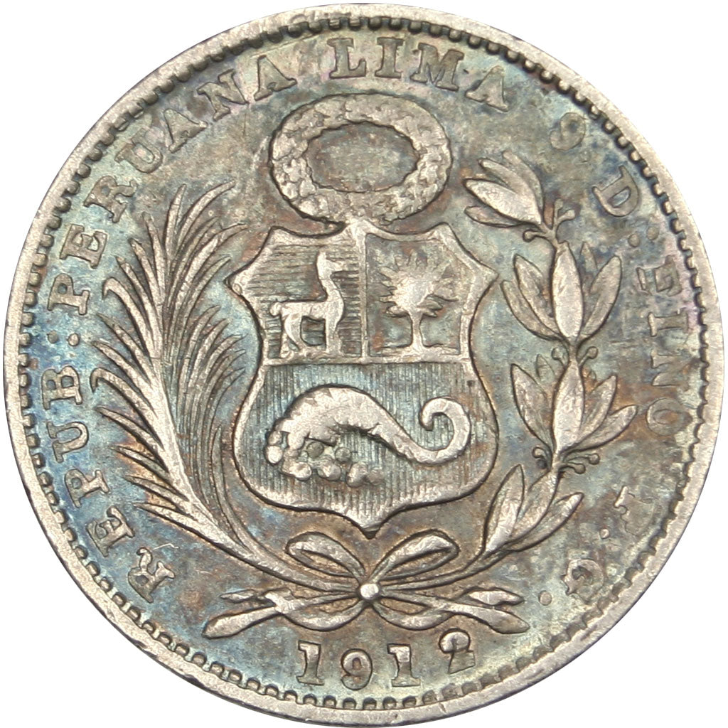PERU, Dinero, 1912, Lima, KM #204.2, AU(50-53), Silver, 18, 2.49