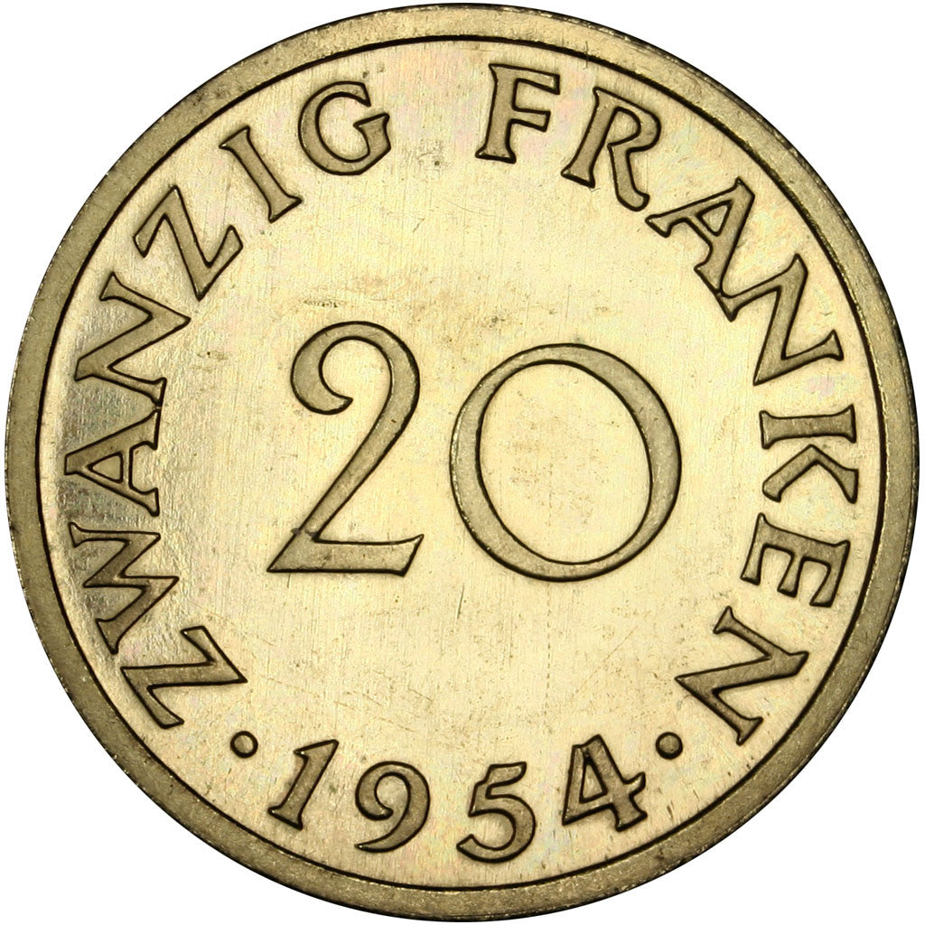 Coin, SAARLAND, 20 Franken, 1954, Paris, MS(63), Aluminum-Bronze