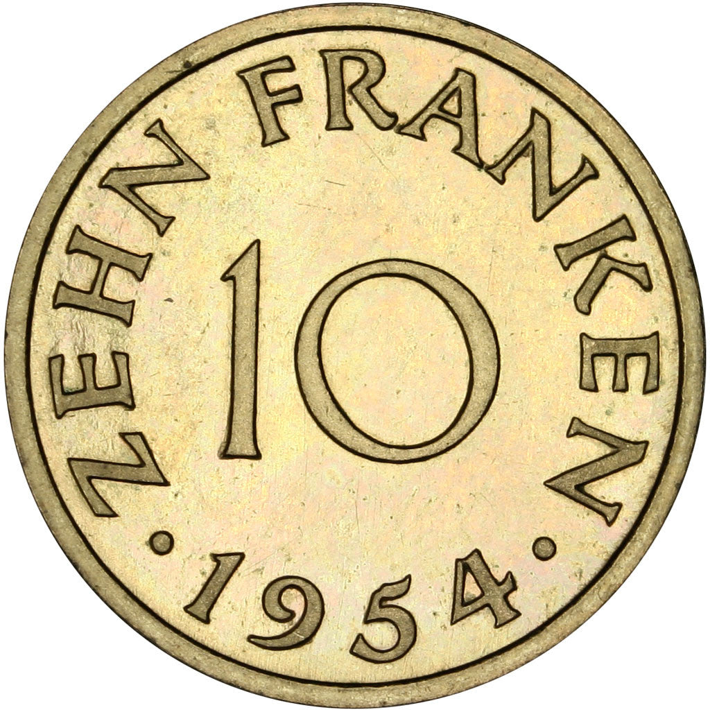 Coin, SAARLAND, 10 Franken, 1954, Paris, MS(63), Aluminum-Bronze