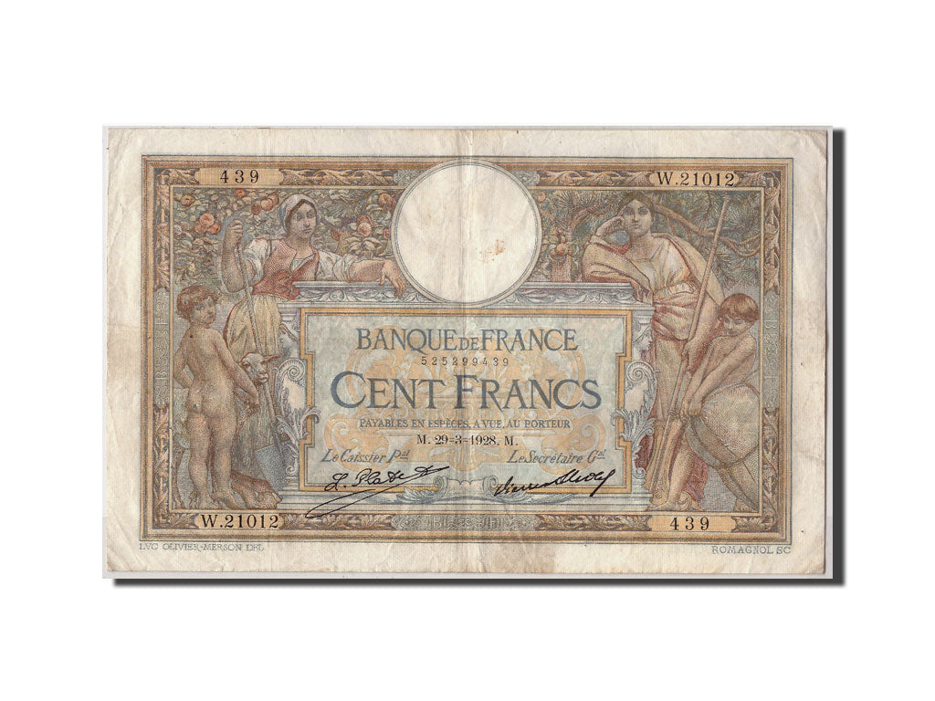 Banknote, France, 100 Francs, 100 F 1908-1939 ''Luc Olivier Merson'', 1928