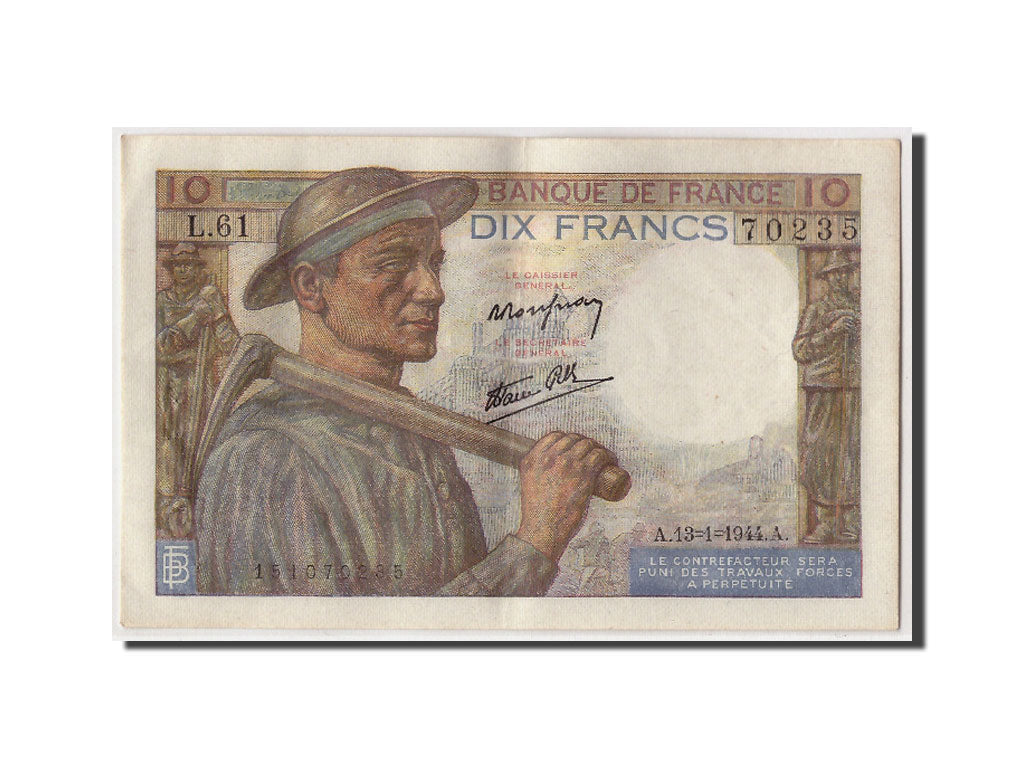 Banknote, France, 10 Francs, 10 F 1941-1949 ''Mineur'', 1944, 1944-01-13