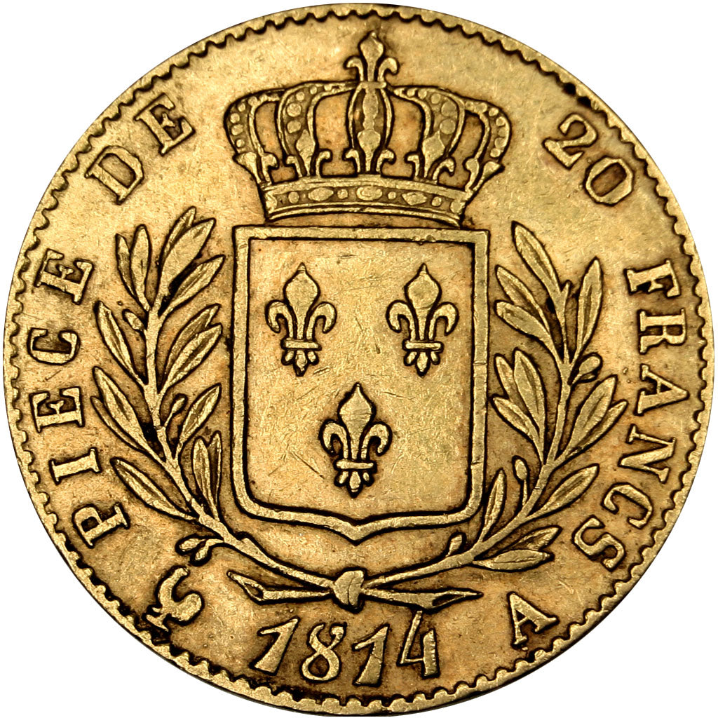 FRANCE, Louis XVIII, 20 Francs, 1814, Paris, KM #706.1, AU(50-53), Gold,...