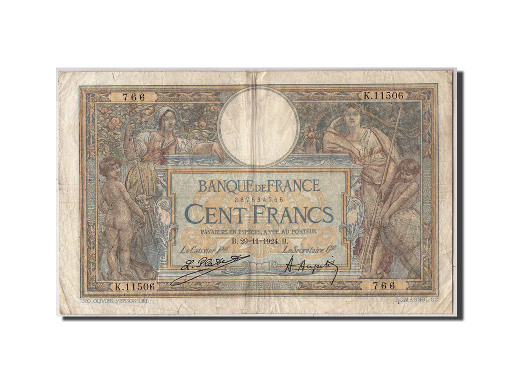 Banknote, France, 100 Francs, 100 F 1908-1939 ''Luc Olivier Merson'', 1924