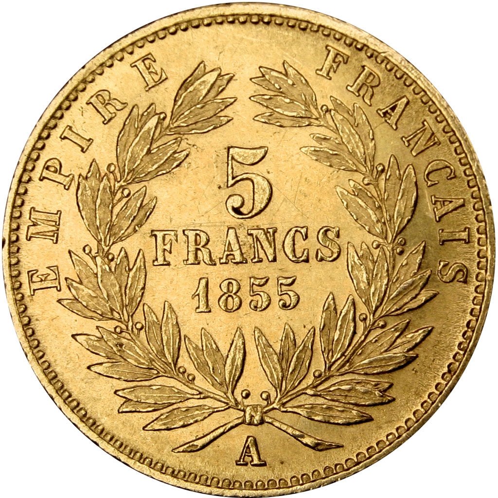 FRANCE, Napoléon III, 5 Francs, 1855, Paris, KM #783, AU(55-58), Gold, 14.4, G..