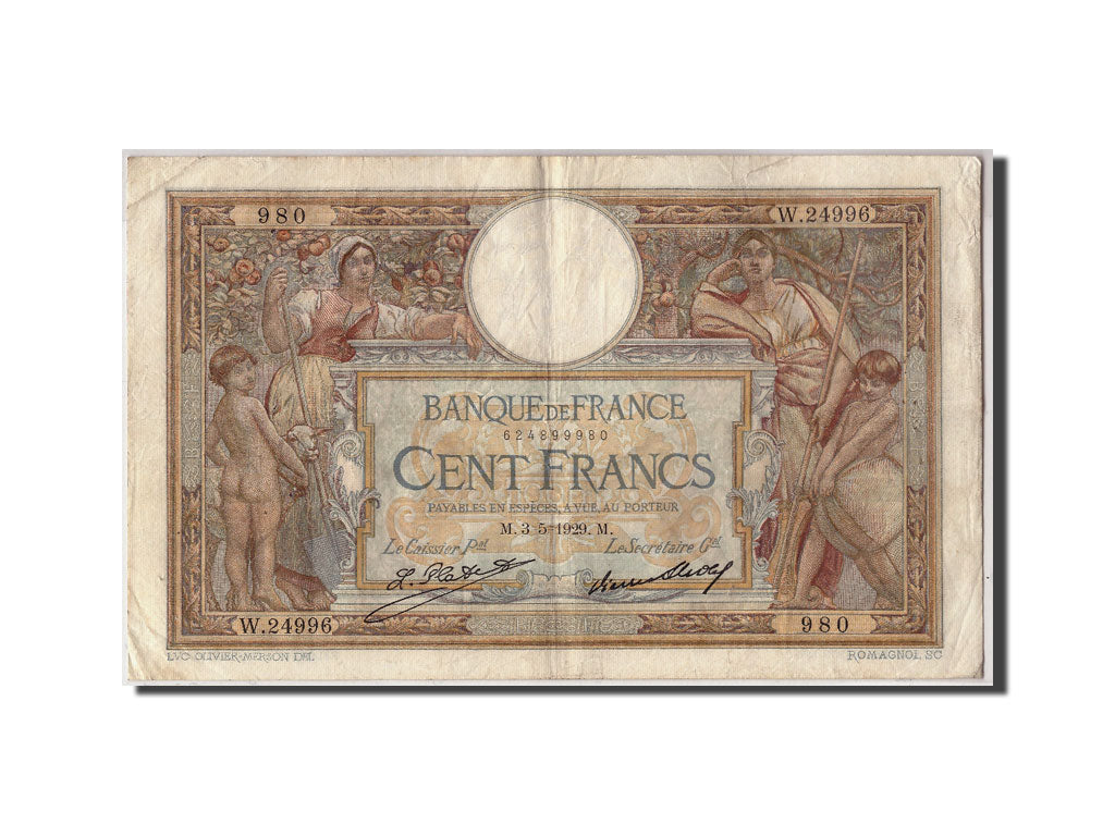 Banknote, France, 100 Francs, 100 F 1908-1939 ''Luc Olivier Merson'', 1929