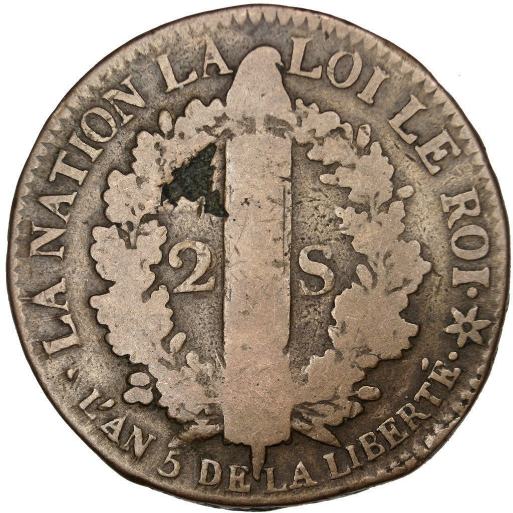 Coin, France, 2 sols français, 2 Sols, 1793, Strasbourg, F(12-15), Bronze