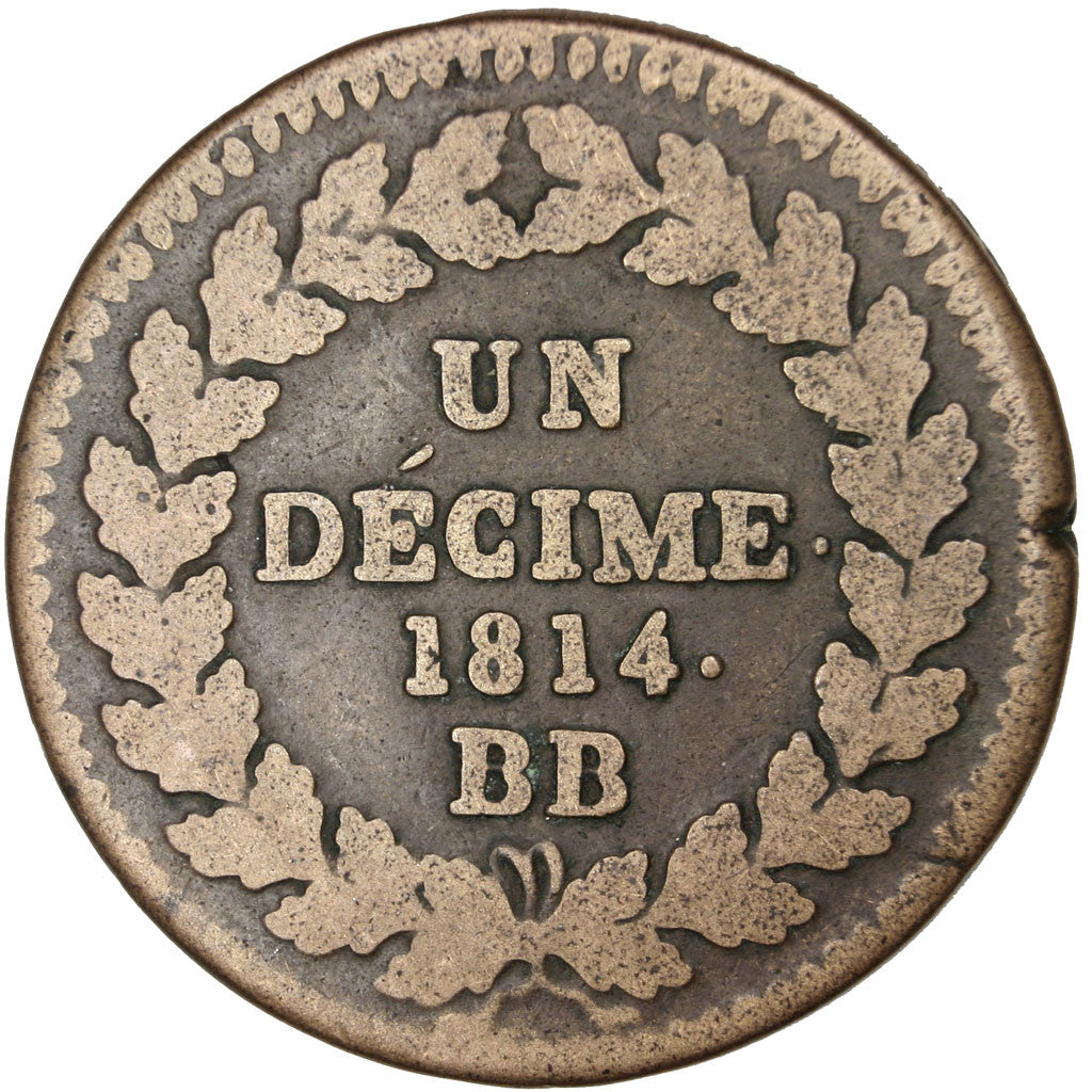 FRANCE, Louis XVIII, Decime, 1814, Strasbourg, KM #701, F(12-15), Bronze,...