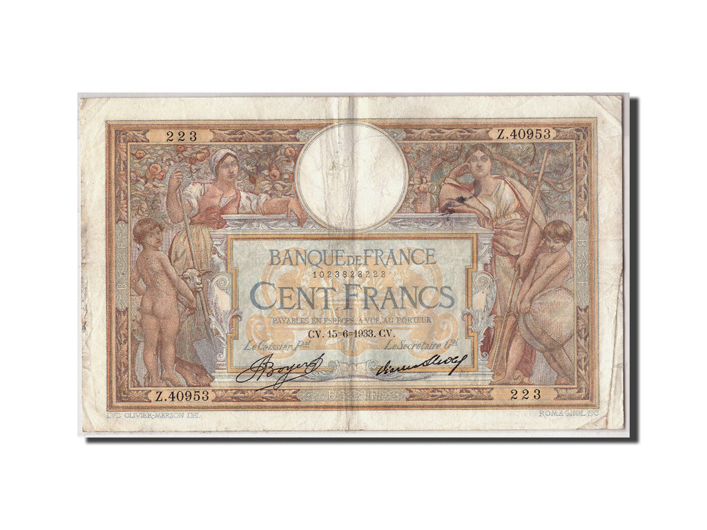 Banknote, France, 100 Francs, 100 F 1908-1939 ''Luc Olivier Merson'', 1933