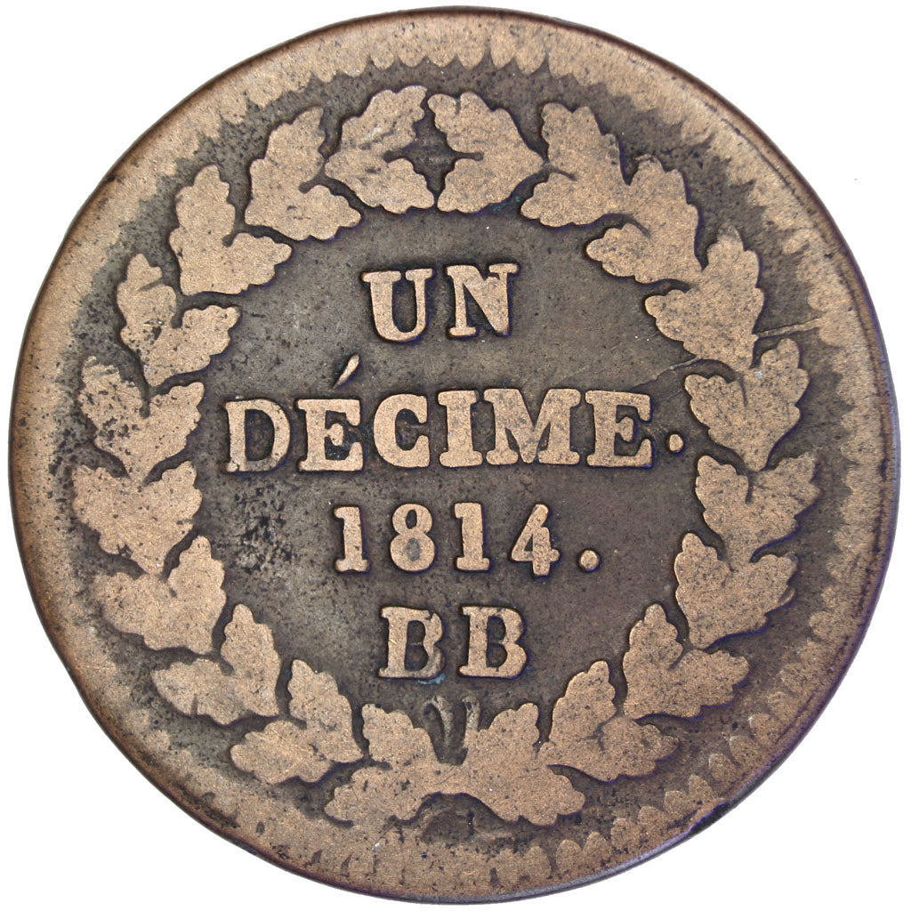 FRANCE, 1 Décime, 1814, Strasbourg, F(12-15), Bronze, Gadoury #195b, 20.49