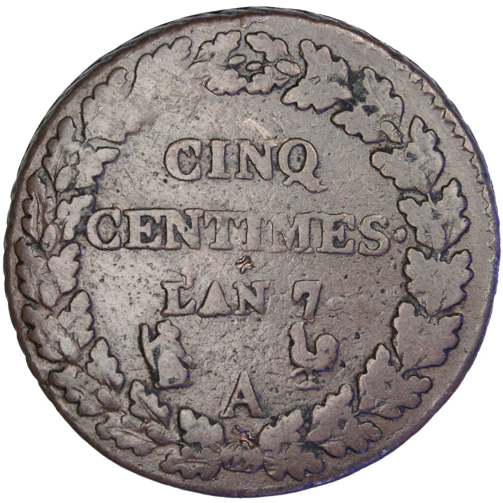 FRANCE, 5 Centimes, 1798, Paris, VF(20-25), Bronze, Gadoury #126, 10.50