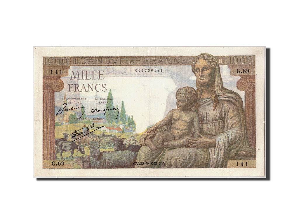 France, 1000 Francs Déesse Déméter, KM:102, Fay:40.1, 1942-05-28, AU(50-53)