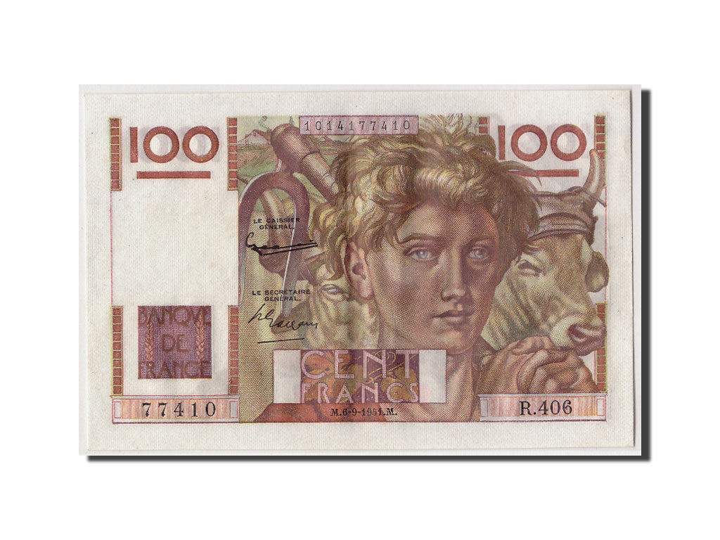 France, 100 Francs Jeune Paysan, KM:128d, Fay:28.29, 1951-09-06, AU(50-53)