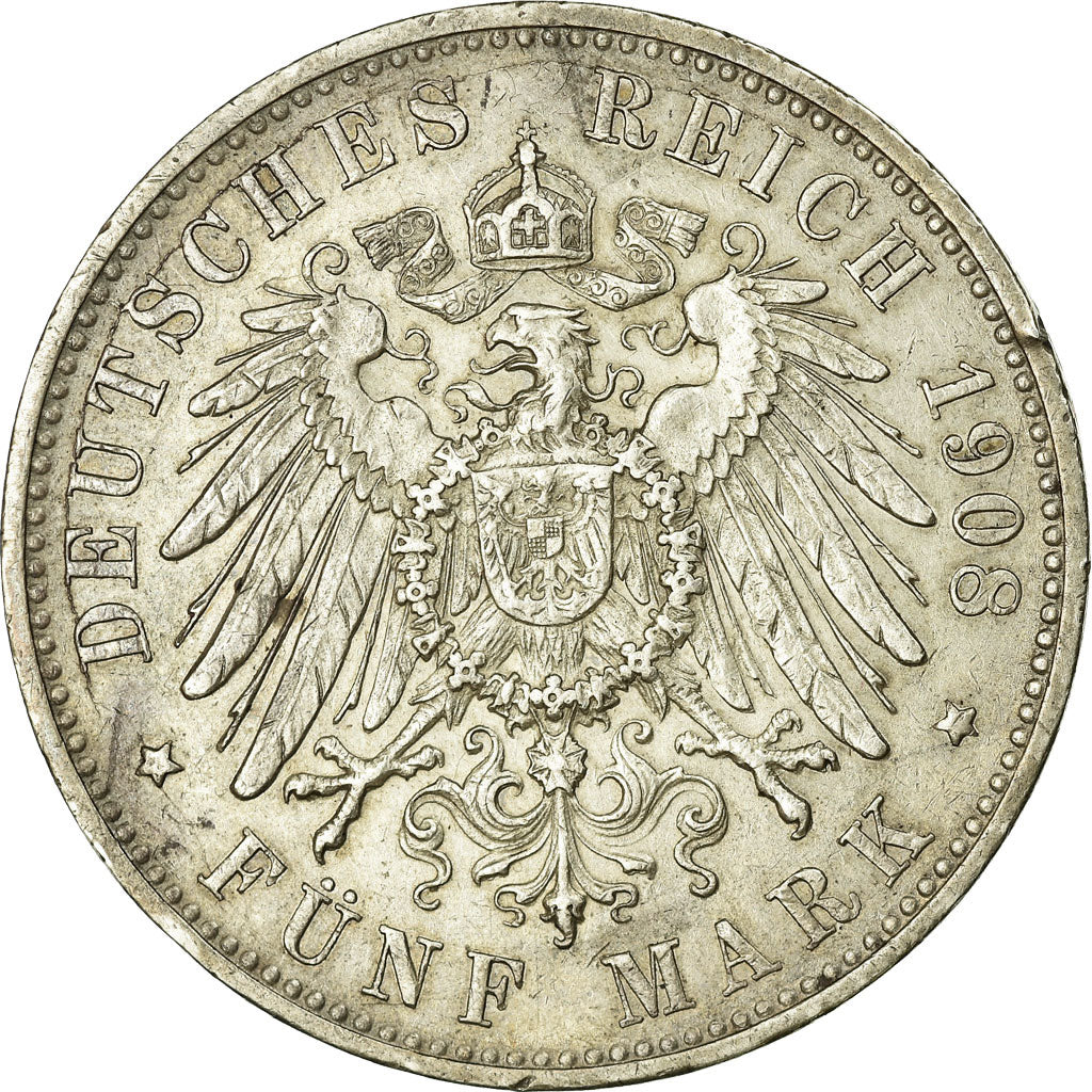 Coin, German States, WURTTEMBERG, Wilhelm II, 5 Mark, 1908, Freudenstadt