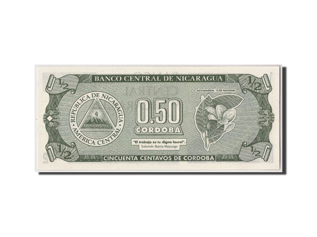 Banknote, Nicaragua, 1/2 Cordoba, Undated (1992), KM:172, UNC(65-70)
