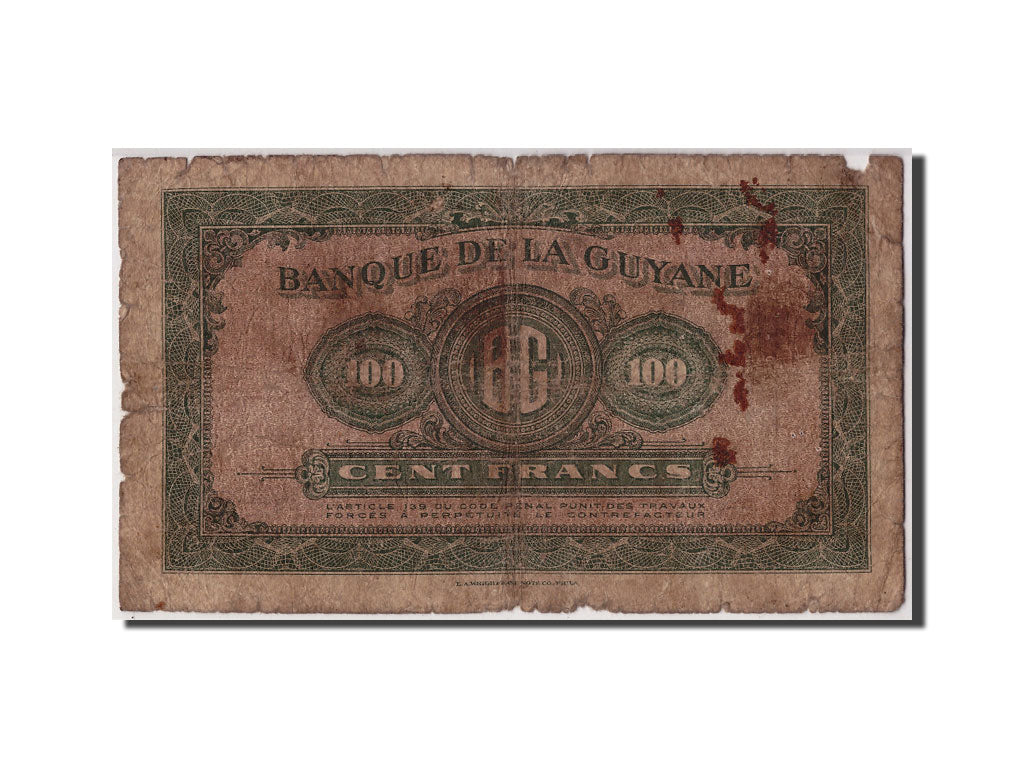 Banknote, FRENCH GUIANA, 100 Francs, Undated (1942), KM:13b, VG(8-10)