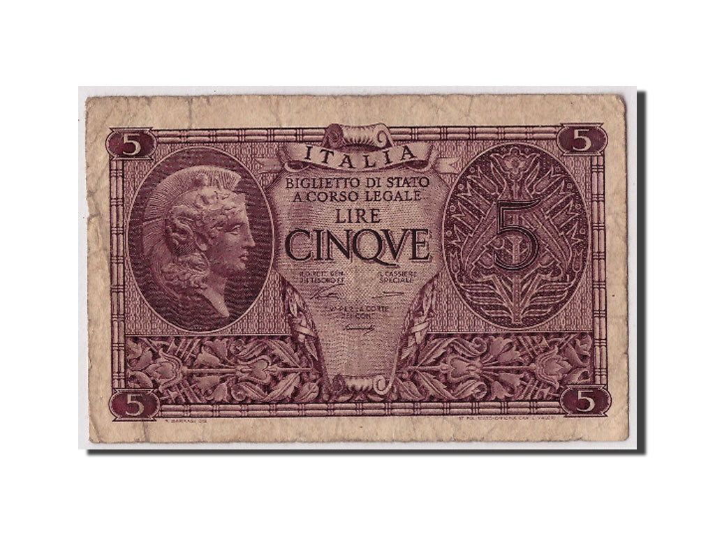 Italy, 5 Lire, 1944, KM:31a, 1944-11-23, VF(20-25)