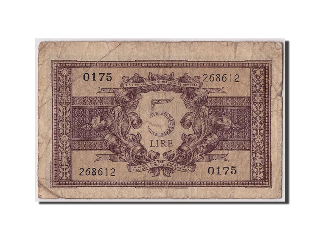 Italy, 5 Lire, 1944, KM:31a, 1944-11-23, VF(20-25)