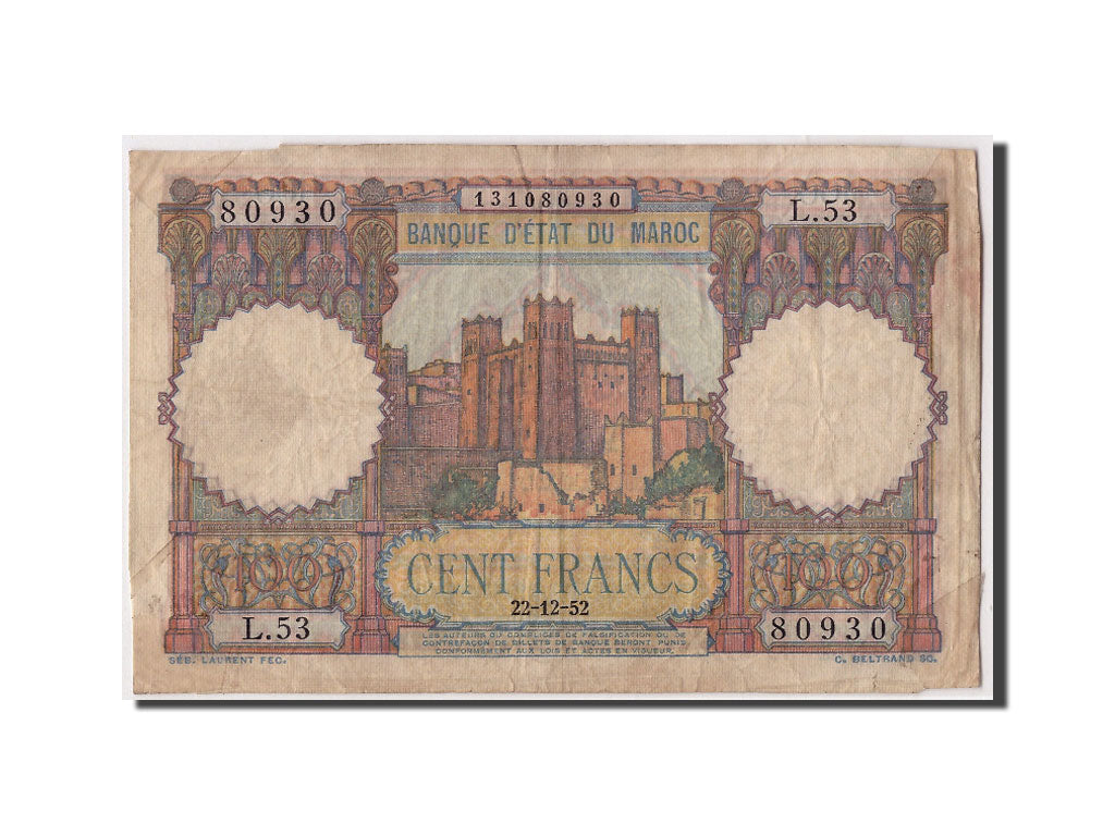 Marocco, 100 Francs, 1952, 1952-12-22, KM:45, MB