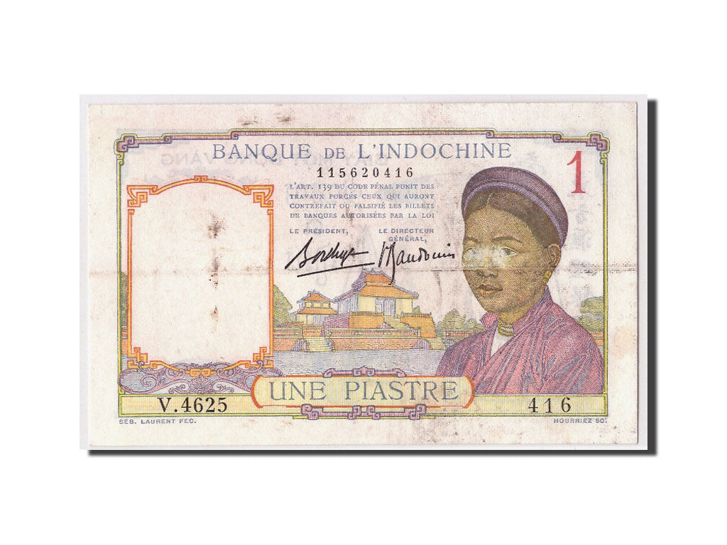 FRENCH INDO-CHINA, 1 Piastre, Undated (1936), KM:54b, VF(20-25)