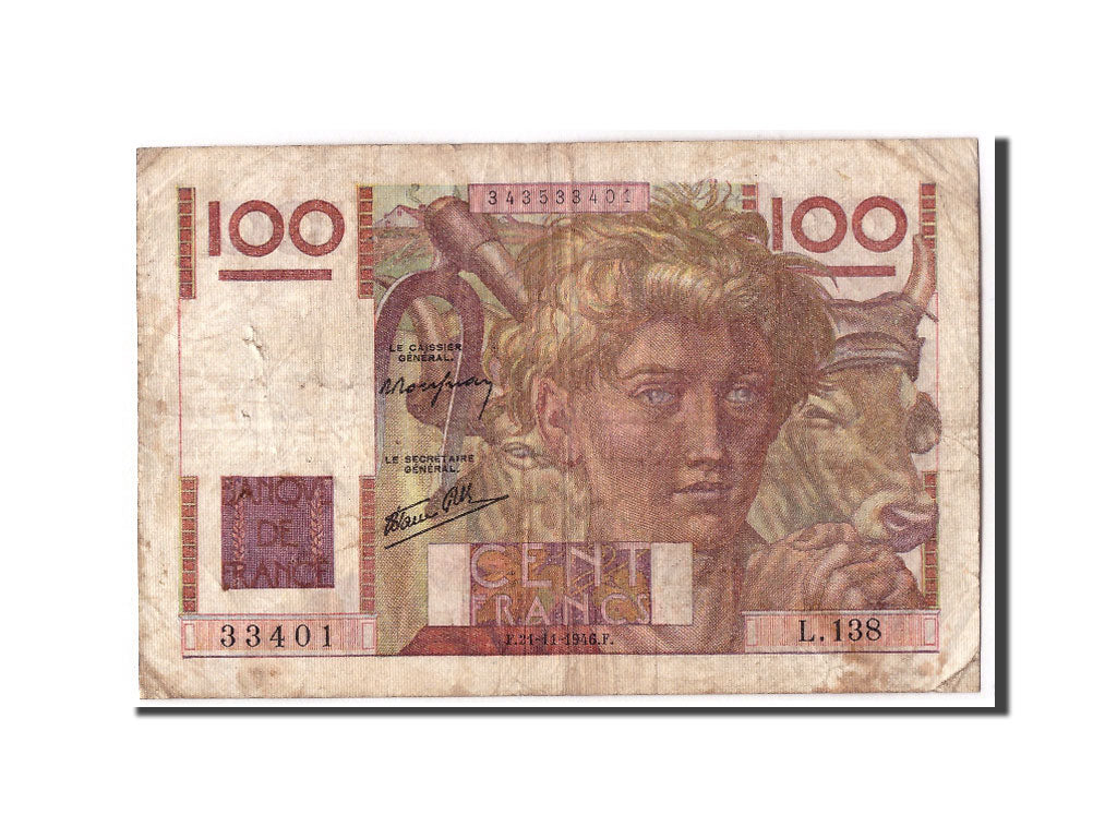 France, 100 Francs Jeune Paysan, KM:128a, 1946-11-21, Fayette:28.11, VG(8-10),