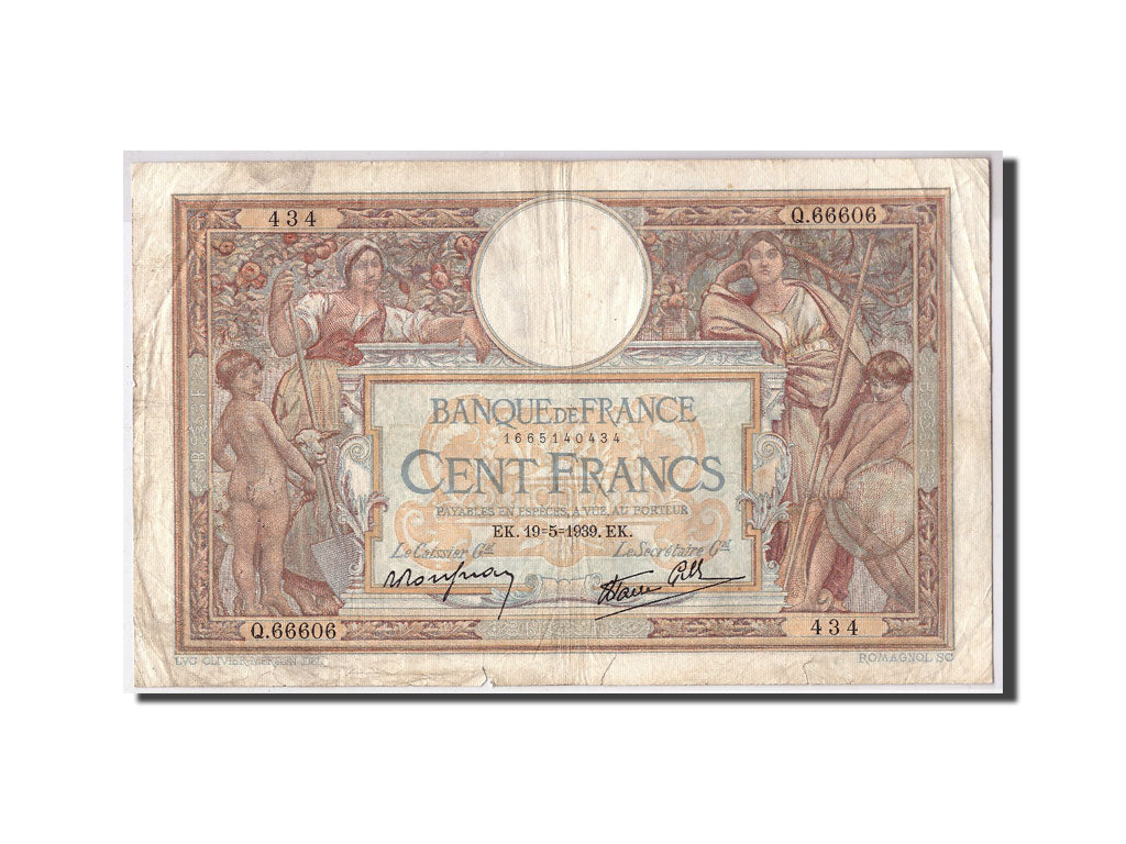 France, 100 Francs Luc Olivier Merson, KM:86b, Fayette:25.47, 1939-05-19, B+