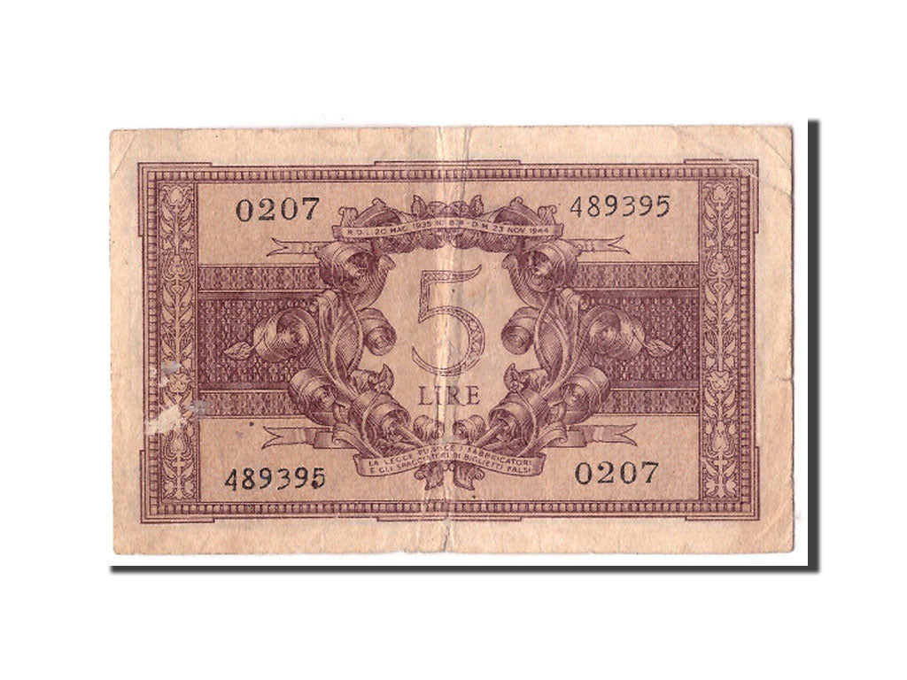 Italy, 5 Lire, 1944, KM:31b, 1944-11-23, VF(20-25)