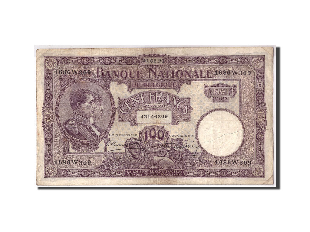 Billete, 100 Francs, 1926, Bélgica, KM:95, 1926-02-20, RC+