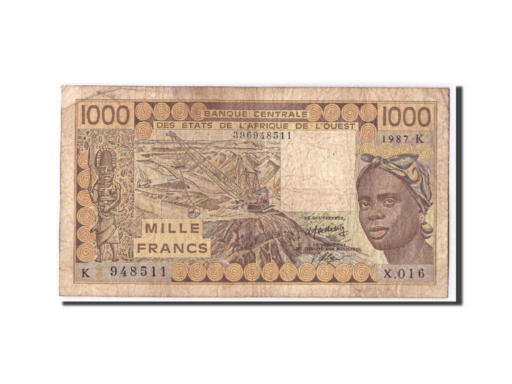 Banknote, West African States, 1000 Francs, 1987, KM:707Kh, VG(8-10)